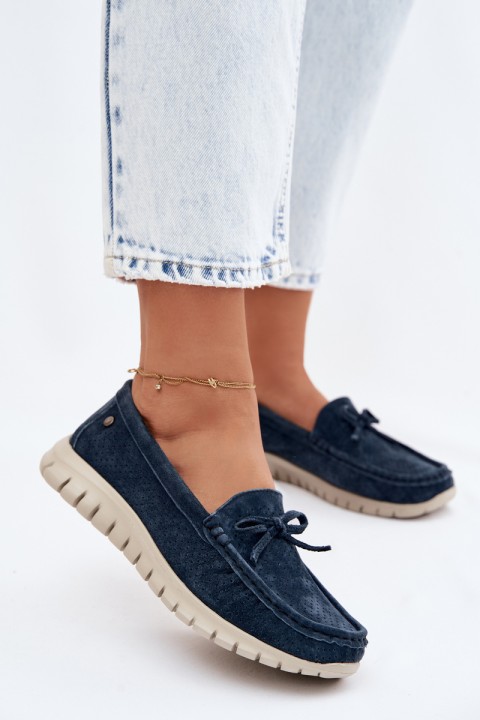 Women's Suede Loafers With Bow Vinceza 95401 Navy Blue