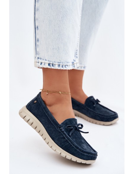Women's Suede Loafers With Bow Vinceza 95401 Navy Blue