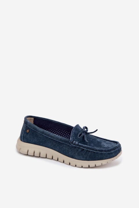 Women's Suede Loafers With Bow Vinceza 95401 Navy Blue