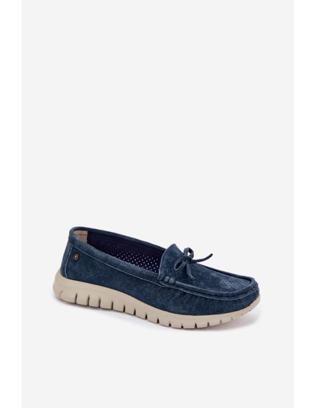 Women's Suede Loafers With Bow Vinceza 95401 Navy Blue