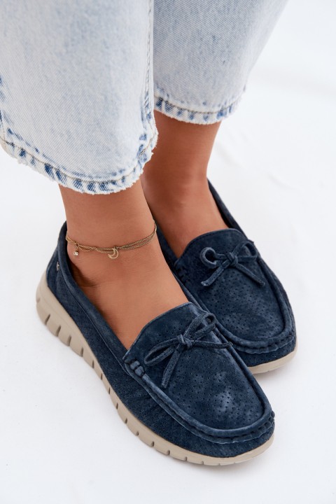 Women's Suede Loafers With Bow Vinceza 95401 Navy Blue