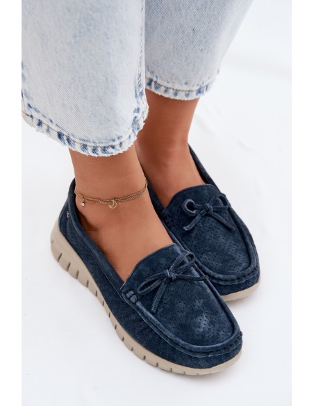 Women's Suede Loafers With Bow Vinceza 95401 Navy Blue