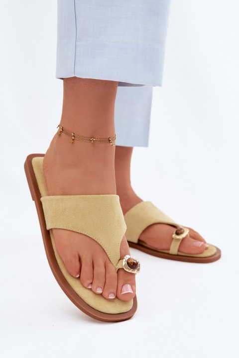 Women's Flat Flip Flops With Decorative Detail Yellow Fedira