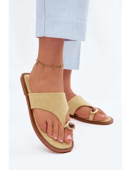 Women's Flat Flip Flops With Decorative Detail Yellow Fedira