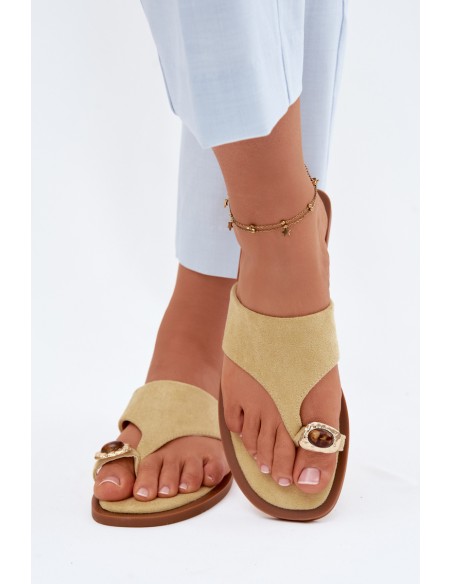 Women's Flat Flip Flops With Decorative Detail Yellow Fedira