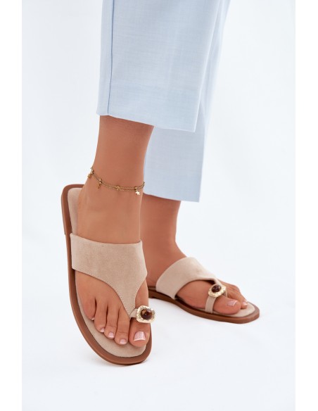 Women's Flat Flip Flops With Decorative Detail Beige Fedira