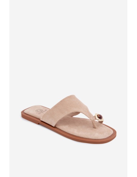 Women's Flat Flip Flops With Decorative Detail Beige Fedira