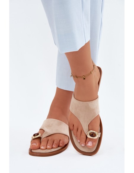 Women's Flat Flip Flops With Decorative Detail Beige Fedira