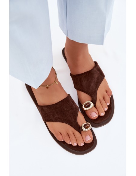 Women's Flat Flip Flops With Decorative Detail Chocolate Fedira