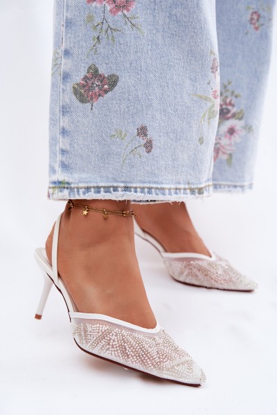 Embellished Sandals With Mesh On Heel White Bedira