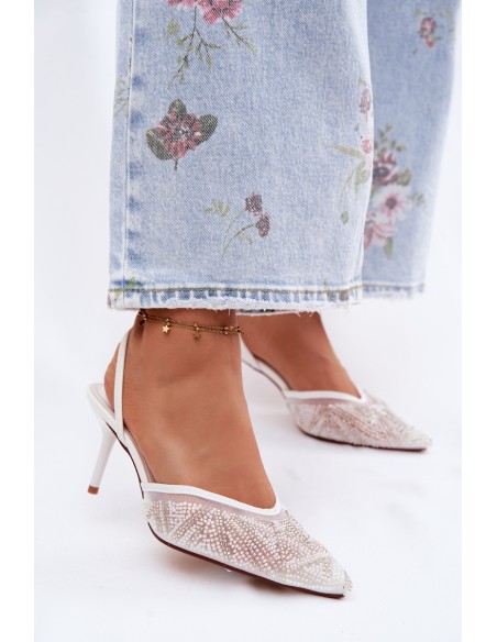 Embellished Sandals With Mesh On Heel White Bedira