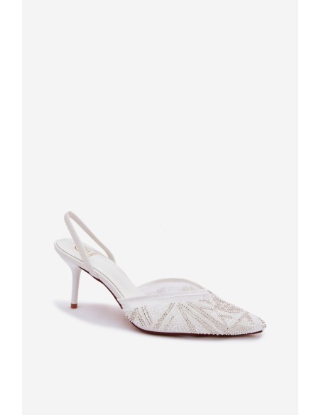 Embellished Sandals With Mesh On Heel White Bedira