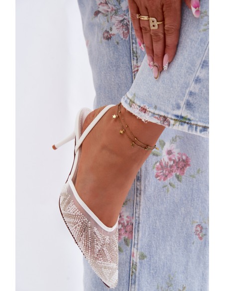 Embellished Sandals With Mesh On Heel White Bedira