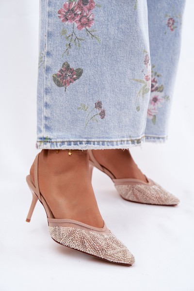 Embellished Sandals With Mesh On Heel Beige Bedira