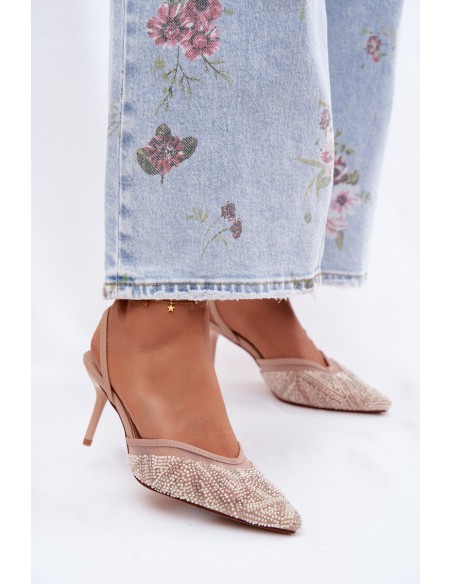 Embellished Sandals With Mesh On Heel Beige Bedira