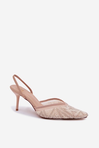Embellished Sandals With Mesh On Heel Beige Bedira 2