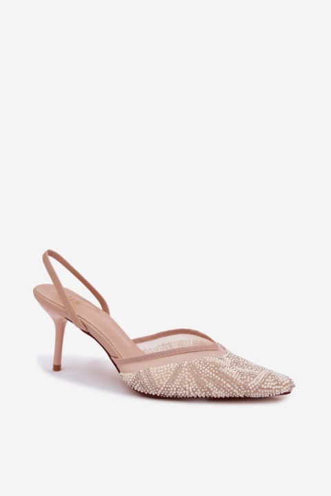 Embellished Sandals With Mesh On Heel Beige Bedira