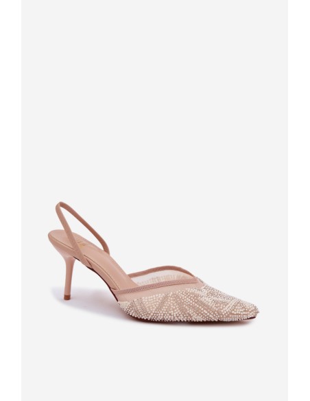 Embellished Sandals With Mesh On Heel Beige Bedira