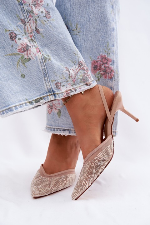 Embellished Sandals With Mesh On Heel Beige Bedira