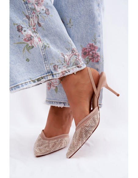 Embellished Sandals With Mesh On Heel Beige Bedira