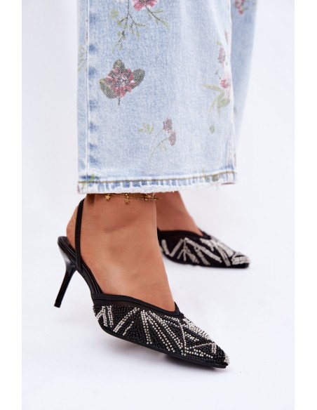 Embellished Sandals With Mesh On Heel Black Bedira