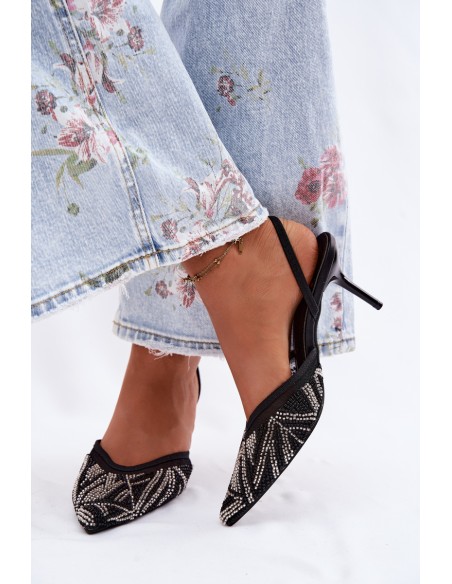 Embellished Sandals With Mesh On Heel Black Bedira