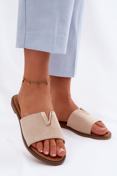 Women's Flat Beige Slides With Decorative V Detail Nelmira