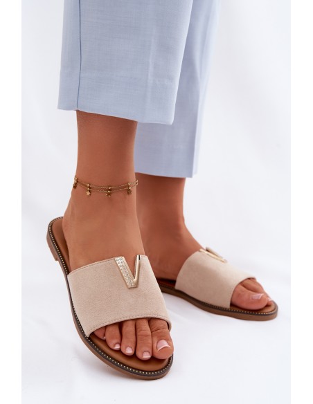 Women's Flat Beige Slides With Decorative V Detail Nelmira