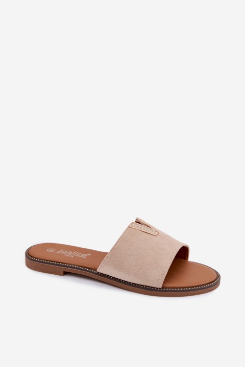 Women's Flat Beige Slides With Decorative V Detail Nelmira