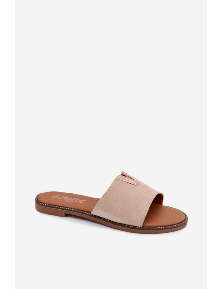 Women's Flat Beige Slides With Decorative V Detail Nelmira