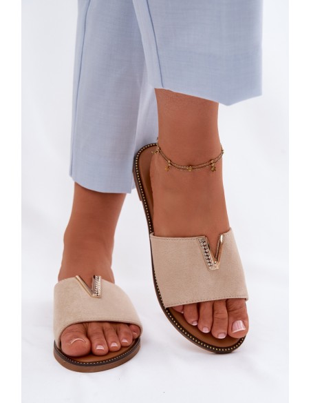 Women's Flat Beige Slides With Decorative V Detail Nelmira