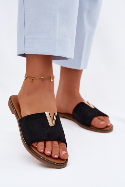 Women's Flat Slippers With Decorative V Detail Black Nelmira