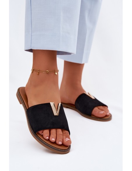 Women's Flat Slippers With Decorative V Detail Black Nelmira