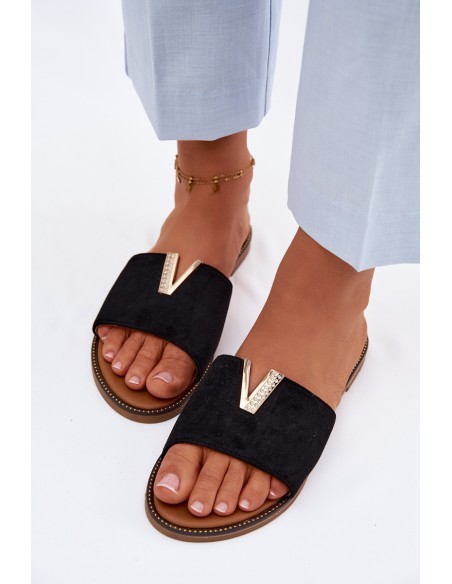 Women's Flat Slippers With Decorative V Detail Black Nelmira