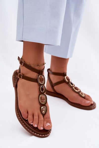 Women's Flat Decorated Brown Flip Flops Dorena