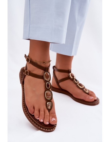 Women's Flat Decorated Brown Flip Flops Dorena