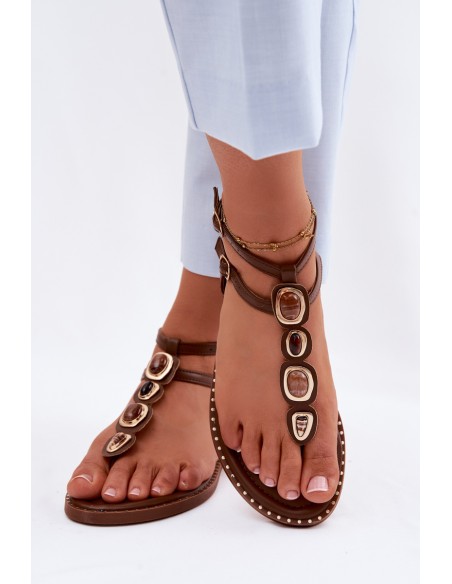 Women's Flat Decorated Brown Flip Flops Dorena