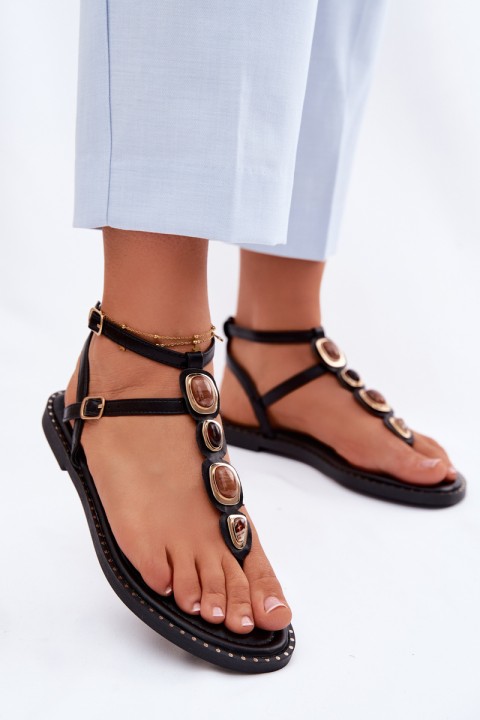 Women's Flat Flip Flops With Decorations Black Dorena