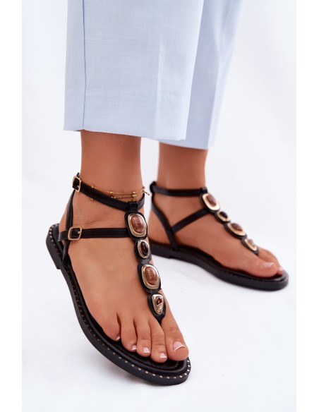 Women's Flat Flip Flops With Decorations Black Dorena