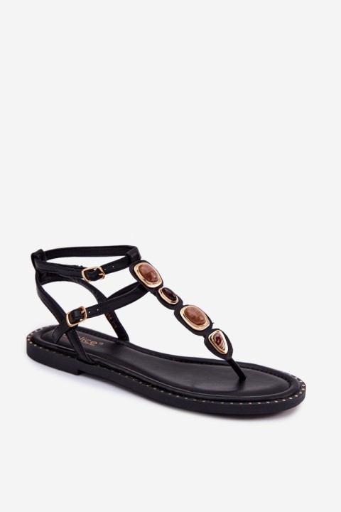 Women's Flat Flip Flops With Decorations Black Dorena