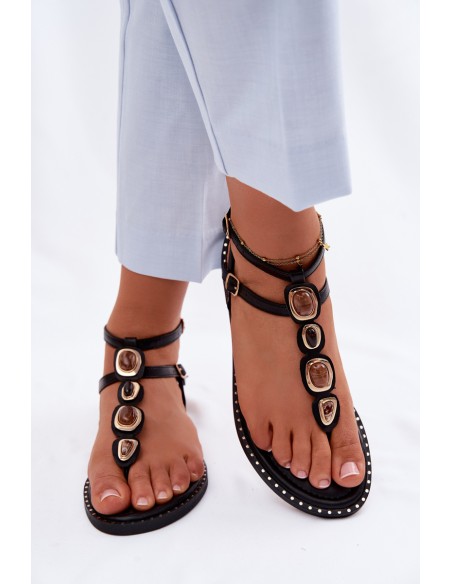 Women's Flat Flip Flops With Decorations Black Dorena