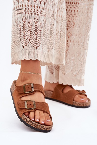 Suede Slippers On Cork Sole With Buckles Camel Tavira