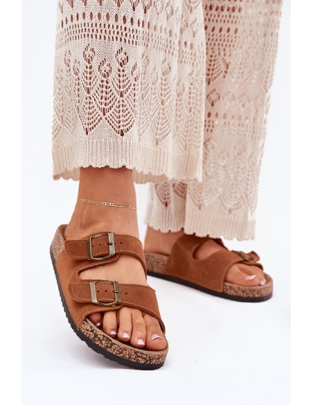 Suede Slippers On Cork Sole With Buckles Camel Tavira