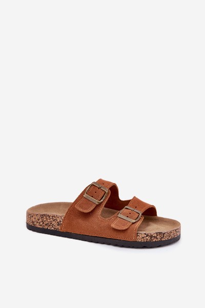 Suede Slippers On Cork Sole With Buckles Camel Tavira 2