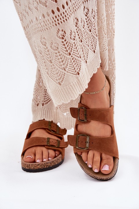 Suede Slippers On Cork Sole With Buckles Camel Tavira