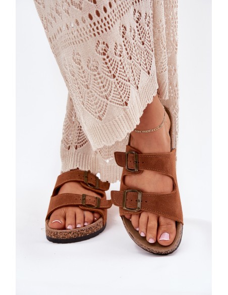 Suede Slippers On Cork Sole With Buckles Camel Tavira