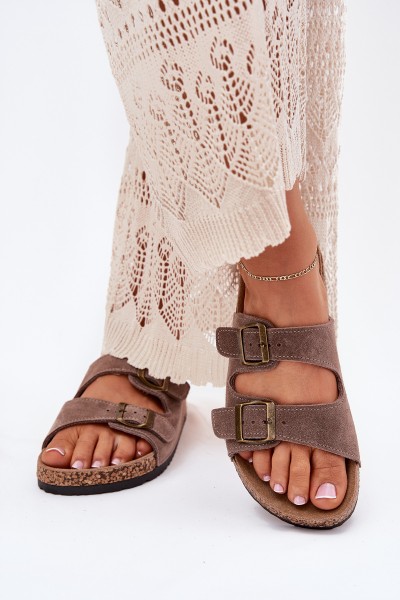 Suede Slippers On Cork Sole With Buckles Dark Beige Tavira