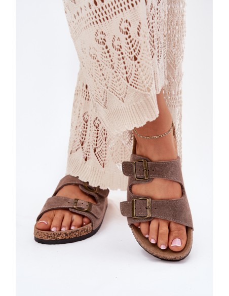 Suede Slippers On Cork Sole With Buckles Dark Beige Tavira