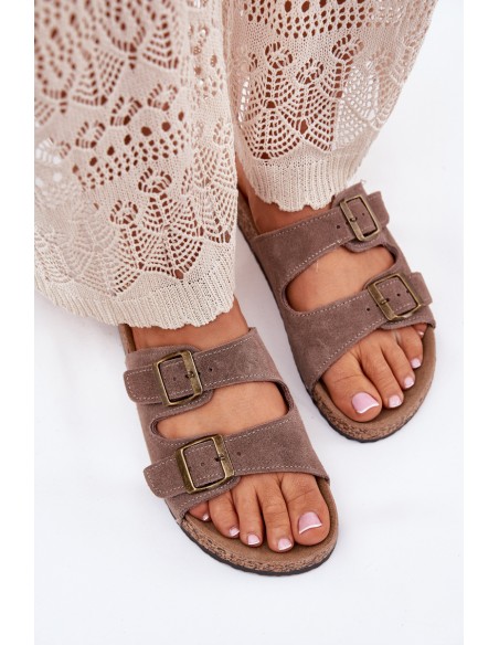 Suede Slippers On Cork Sole With Buckles Dark Beige Tavira