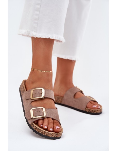Women's Slippers Made Of Eco Suede Golden Buckles Dark Beige Vorella